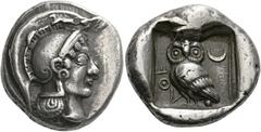 The Collection of Greek coins of a Man in Love with Art Part III Attica, Athens. Tetradrachm circa 510-500, AR 17.10 g. Head of Athena r., wearing crested Attic helmet and disc earring. Rev. AΘΕ Owl s