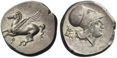 The Collection of Greek coins of a Man in Love with Art Part III Corinthia, Corinth. Stater circa 375-300, AR 8.59 g. Pegasus flying l., beneath [koppa]. Rev. Head of Athena r., wearing Corinthian hel