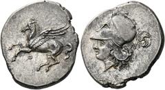 The Collection of Greek coins of a Man in Love with Art Part III Corinthia, Corinth. Stater circa 375-300, AR 8.62 g. Pegasus flying l., beneath [koppa]. Rev. Head of Athena l., wearing Corinthian hel