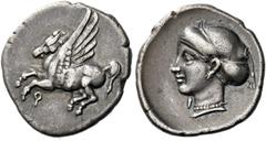 The Collection of Greek coins of a Man in Love with Art Part III Corinthia, Corinth. Drachm circa 350-300, AR 2.64 g. Pegasus flying l.; beneath, [koppa]. Rev. Head of Aphrodite l., wearing sakkos, ea