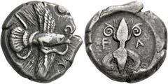 The Collection of Greek coins of a Man in Love with Art Part III Elis, Olympia. Stater circa late 450s, Olympiads 82-87, AR 12.21 g. Eagle flying r., grasping snake in its beak and talons. Rev. F – A 