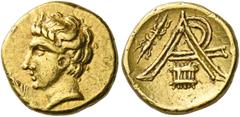 The Collection of Greek coins of a Man in Love with Art Part III Arcadia, Megalopolis. 1/4 stater circa 320s-275, AV 2.04 g. Horned head of Pan l. Rev. AP ligate; to l., thunderbolt and below, syrinx.