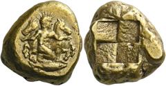 The Collection of Greek coins of a Man in Love with Art Part III Mysia, Cyzicus. Stater circa 450-400, EL 16.05 g. Helios, naked, kneeling on r. knee and holding foreparts of two horses prancing l. an
