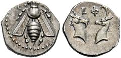 The Collection of Greek coins of a Man in Love with Art Part III Ephesus. Diobol circa 390-325, AR 0.99 g. E – [Φ] Bee with straight wings. Rev. EΦ Two stags' heads confronted. Boston 1827. SNG Locket