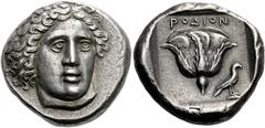 The Collection of Greek coins of a Man in Love with Art Part III Rhodes. Tetradrachm circa 404-385, AR 15.42 g. Head of Helios facing three-quarters r. Rev. ΡΟΔΙΟΝ Rose; in lower field r., eagle stand