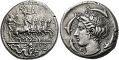 Greek Coins Syracuse. Tetradrachm signed by Euth... and Phrygillos circa 413-399, AR 17.30 g. Fast quadriga driven r. by winged young god, holding reins with both hands; above, Nike flying l. to crown