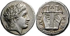 Greek Coins The Chalcidian League, Olynthus. Tetradrachm circa 350, AR 14.44 g. Laureate head of Apollo r. Rev. Χ – A –Λ – ΚΙΔ – ΕΩΝ Seven-stringed cithara. SNG ANS 496 (this obverse die). De Nanteuil