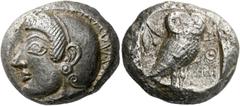 Greek Coins Attica, Athens. Tetradrachm, uncertain mint in Asia Minor or the Levant circa 520, AR 17.62 g. Helmeted head of Athena l. Rev. AΘΕ Owl standing r., with closed wings, head facing; behind, 