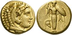 Greek Coins Pergamum. Stater circa 334-332, AV 8.50 g. Head of deified Alexander the Great r., wearing lion's skin headdress. Rev. Facing Palladium, wearing calathus on head and holding lance in uprai