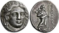 Greek Coins Dynasts of Caria, Maussolus, 377 – 353. Tetradrachm, Halicarnassus after 367, AR 15.11 g. Laureate head of Apollo facing three-quarters r. Rev. ΜΑΥΣΣΩΛΛ[Ο] Zeus Labraundus standing r., hol