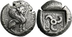 Greek Coins Dynasts of Lycia. Kuprilli circa 470-435. Stater circa 470-435, AR 7.81 g. Sphynx seated r. Rev. ΚΟ – ΠΡ – ΛΛΕ Triskeles l.; all within a square beaded border in an incuse square. BMC –, c