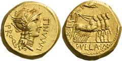 The Roman Republic L. Cornelius Sulla Imperator with L. Manlius Torquatus Proquaestor. Aureus, mint moving with Sulla 82, AV 10.78 g. L·MANLI – PRO Q. Helmeted head of Roma r. Rev. Triumphator, crowne