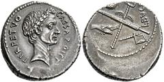 The Roman Republic C. Iulius Caesar with L. Aemilius Buca. Denarius 44, AR 4.04 g. CAESAR·DICT – PERPETVO Wreathed head of Caesar r. Rev. Fasces and caduceus in saltire; on l., axe and on r., globe. A
