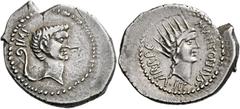The Roman Republic Marcus Antonius. Denarius, Castrensis moneta in Greece (?) 42, AR 3.78 g. IMP Head of M. Antonius r. with light beard; behind, lituus. Rev. M ANTONIVS III VIR R P C Radiate head of 