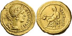 The Roman Republic C. Clodius C.f. Vestalis. Aureus 43, AV 8.00 g. CLODIVS – C·F· Wreathed head of Flora r.; behind, flower. Rev. VESTALIS Female figure seated l., holding culullus in r. hand. Babelon