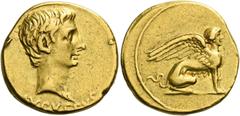 The Roman Empire Octavian as Augustus, 27 BC – AD 14. Aureus, Pergamum 19–18 BC, AV 7.89 g. AVGVSTVS Bare head r. Rev. Sphinx, with raised wings, seated r. C 333. Bahrfeldt 141 (these dies). BMC 682. 