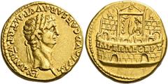 The Roman Empire Ex Nomos sale 4, 2011, BCD, 1401.. Aureus 46-47, AV 7.75 g. TI CLAVD CAESAR AVG P M TR P VII IMP XI Laureate head r. Rev. IMPER RECEPT inscribed on praetorian camp, at the door of whi