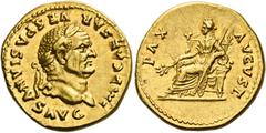 The Roman Empire Vespasian augustus, 69 – 79. Aureus 75, AV 7.31 g. IMP CAESAR – VESPASIANVS AVG Laureate head r. Rev. PAX – AVGVST Pax seated l., holding branch in r. hand and sceptre in l. C 319. BM