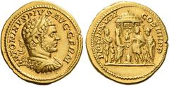 The Roman Empire Caracalla augustus, 198 – 217. Aureus 215, AV 7.21 g. ANTONINVS PIVS AVG GERM Laureate, draped and cuirassed bust r. Rev. P M TR P XVIII – COS IIII P P Caracalla in military attire, s