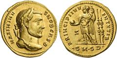 The Roman Empire Maximinus II Daia caesar, 305 – 309. Aureus, Serdica 305–306, AV 5.38 g. MAXIMINV – S NOB CAES Laureate head r. Rev. PRINCIPI IVV – ENTVTIS Maximinus II, in military attire, standing 
