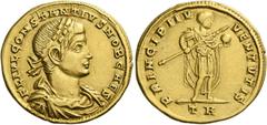 The Roman Empire Constantius II caesar, 324 – 337. Medallion of 1 ½ solidus, Treviri circa 326-327, AV 6.43 g. FL IVL CONSTANTIVS NOB CAES Laureate, draped and cuirassed bust r. Rev. PRINCIPI IVVENTVT