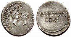 Auction 51 Part I The Roman Republic Octavianus and M. Vipsanius Agrippa. Denarius, mint moving with Octavian circa 38, AR 3.60 g. DIVOS IVLIVS – DIVI·F Confronted heads of Julius Caesar, oak-wreathed