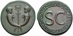 Auction 51 Part I The Roman Empire Tiberius in the name of Drusus, son of Tiberius Sestertius 22-23, Æ 28.22 g. Confronted heads of two little boys on crossed cornucopiae with caduceus between. Rev. D