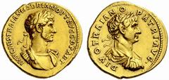 Auction 51 Part I The Roman Empire Hadrian augustus, 117 – 138 Aureus 117-118, AV 7.12 g. IMP CAES TRAIAN HADRIAN OPT AVG G D PART Laureate, draped and cuirassed bust of Hadrian r. Rev. DIVO TRAIANO –