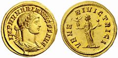 Auction 51 Part I The Roman Empire Numerian augustus, 283 – 284 Aureus 284, AV 5.80 g. IMP NVMERIANVS P F AVG Laureate, draped and cuirassed bust r. Rev. VENE – RI VICTRICI Venus standing facing, head