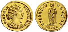 Auction 51 Part I The Roman Empire Fausta, second wife of Constantine Solidus, Thessalonica 324, AV 4.41 g. FLAV MAX – FAVSTA AVG Draped bust r. Rev. SPES REIP – VBLICAE Empress, veiled, standing l. a