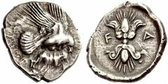 Auction 51 Part II Greek Coins Olympia, Elis Starter circa 440-430, AR 11.95 g. Eagle flying r., grasping hare by its back. Rev. Winged thunderbolt; at sides, F – A. Seltman 93. BCD –. Rare. Old cabin