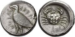 Ancient Greek Coins Sicily, Agrigentum Tetradrachm circa 470-440, AR 17.48 g. AKRAC – ΑΝΤΟΣ Eagle standing l., with closed wings. Rev. Crab, carapace resembling human face. Jameson 2414 (this coin). S