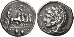 Ancient Greek Coins Camarina Tetradrachm circa 425-405, AR 17.17 g. KAM – A – PINA Athena driving galloping quadriga r.; above, Nike flying l. and placing wreath tied with a fillet on Athena's head. I
