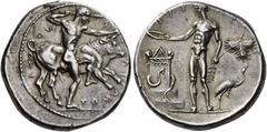 Ancient Greek Coins Selinus Didrachm circa 440, AR 8.66 g. Σ – Ε – Λ Ι – NO – TI – ON Heracles, naked, to r., pressing l. knee against Cretan bull and grasping r. horn with l. hand; r. hand wields clu