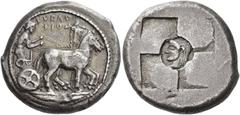 Ancient Greek Coins Syracuse Tetradrachm circa 510-490, AR 17.17 g. SVRA[koppa]O / ΣION Slow quadriga driven r. by clean-shaven charioteer, wearing long chiton and holding reins in each hand. Rev. Hea