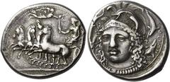 Ancient Greek Coins Syracuse Tetradrachm signed by Eukleidas circa 413-399, AR 17.12 g. Fast quadriga driven l. by female charioteer, holding reins in l. hand and raising flaming torch in r.; above, N