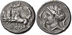 Ancient Greek Coins Syracuse Tetradrachm signed by Parmenides circa 405-400, AR 17.29 g. Fast quadriga, about to turn l., driven l. by charioteer holding kentron and reins; in field above, Nike flying