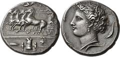 Ancient Greek Coins Syracuse Decadrachm signed by Euainetos circa 400, AR 43.26 g. Fast quadriga driven l. by charioteer, holding reins and kentron; in field above, Nike flying r. to crown him. In exe