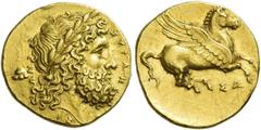 Ancient Greek Coins Syracuse 30 litrae circa 345-335, AV 2.13 g. ΣΥΡΑΚ – [Ο] – ΣΙ – ΩΝ Laureate head of Zeus r.; behind, Thessalian helmet. Rev. Pegasus flying r.; below, ΣΩ. Jameson 850 var. (differe