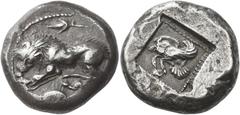 Ancient Greek Coins Uncertain tribes Tetradrachm circa 520-480, AR 17.16 g. Lion crouching l., devouring its prey; above, lotus and below, circular ornament. Rev. Forepart of a winged boar l., within 