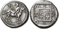 Ancient Greek Coins Mende Tetradrachm circa 460-425, AR 17.08 g. Elderly Dionysus, wearing ivy wreath and himation, reclining on mule's back l., holding cantharus with r. hand and resting l. on the an