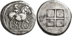 Ancient Greek Coins Kingdom of Macedonia, Alexander I, 498 – 454 Octodrachm circa 492-480/479, AR 27.80 g. Horseman, wearing a petasus and carrying two spears, standing r. behind a horse which he is l