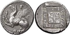 Ancient Greek Coins Thrace, Abdera Tetradrachm, magistrate Melanippo circa 450-425, AR 14.82 g. Griffin springing l.; above, cantharus. Rev. EΠI MEΛA – NIΠ – ΠO around raised quadripartite incuse squa