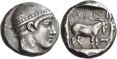 Ancient Greek Coins Aenus Tetradrachm circa 463/2-462/1, AR 16.52 g. Head of Hermes r., wearing petasus with pelleted brim. Rev. AI – NI Goat standing r.; in lower r. field, dog r. with tail erect. Al