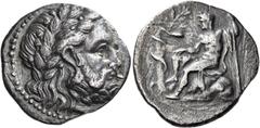 Ancient Greek Coins Kierion Stater circa 350, AR 11.12 g. Laureate head of Zeus r. Rev. [ΚΙΕΡΙΕΙΩΝ] Youthful Asclepius seated l. on rock, holding long sceptre in his l. hand and resting his r. on his 