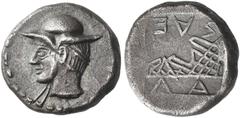Ancient Greek Coins Larissa Hemidrachm circa 500-479, AR 2.61 g. Head of Jason l., wearing petasus. Rev. ΛΑ – [ΡΙ] – SΑΕ Jason's sandal l.; all within incuse square. Herrmann Group I, p. 3 b var. (dif