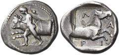 Ancient Greek Coins Larissa Hemidrachm circa 460-440, AR 3.00 g. Thessalos, with petasus and cloak over his shoulders, striding l., holding a running bull. Rev. Λ – A – P – I Forepart of bridled horse