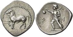 Ancient Greek Coins Larissa Obol circa 440-420, AR 1.04 g. Horse advancing l. Rev. Λ – Α / Ρ – Ι The nymph Larissa striding l., with r. hand raised, bouncing a ball. Herrmann Group F/G IIIβ I, pl. III