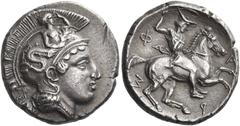 Ancient Greek Coins Pharsalos Drachm, signed by the engraver Telephantos late V-mid IV century BC, AR 6.08 g. Head of Athena r., wearing pearl necklace and a crested Attic helmet adorned with a figure