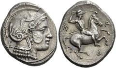 Ancient Greek Coins Pharsalos Drachm late V-mid IV century BC, AR 5.75 g. Head of Athena r., wearing pearl necklace and a crested Attic helmet adorned with a tendril and a griffin, with lowered cheek 